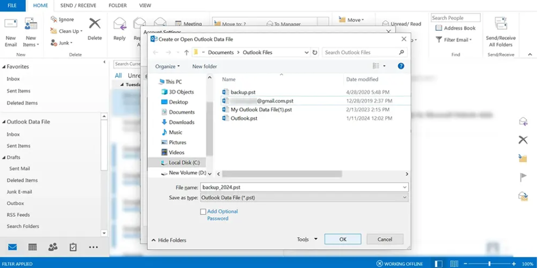 name new pst file and click ok