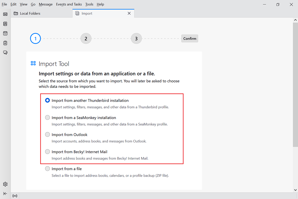 import messages in thunderbird from another client