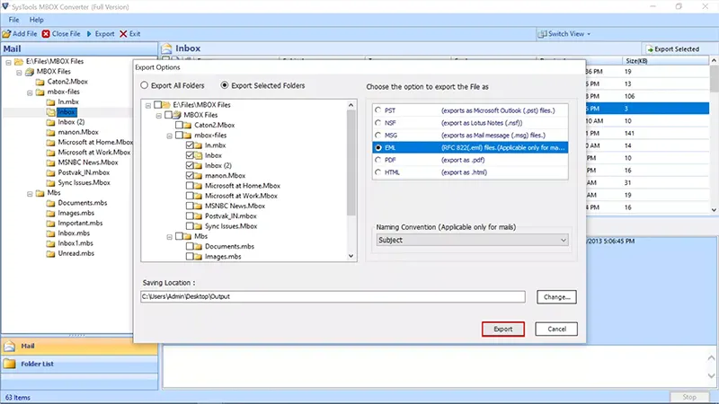 Click Export to start the MBOX to EML conversion