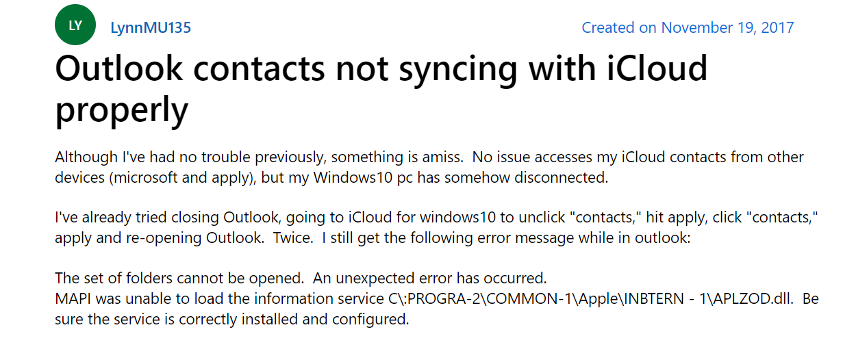 Outlook contacts not syncing with iCloud