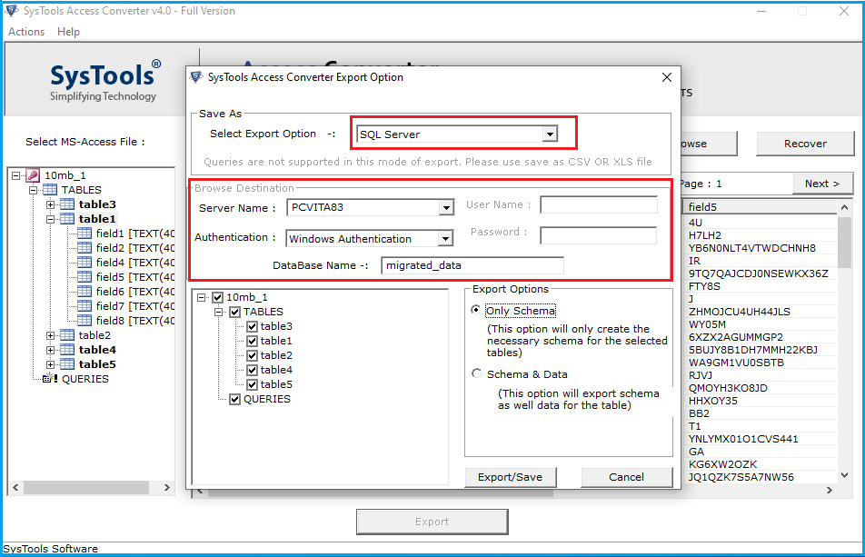 provide server name and authentication in required fields