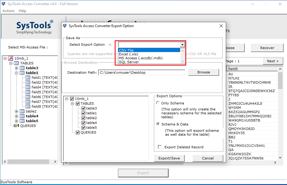 click on export and select SQL server option
