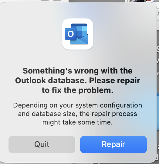 omething’s wrong with the Outlook database issue in Mac