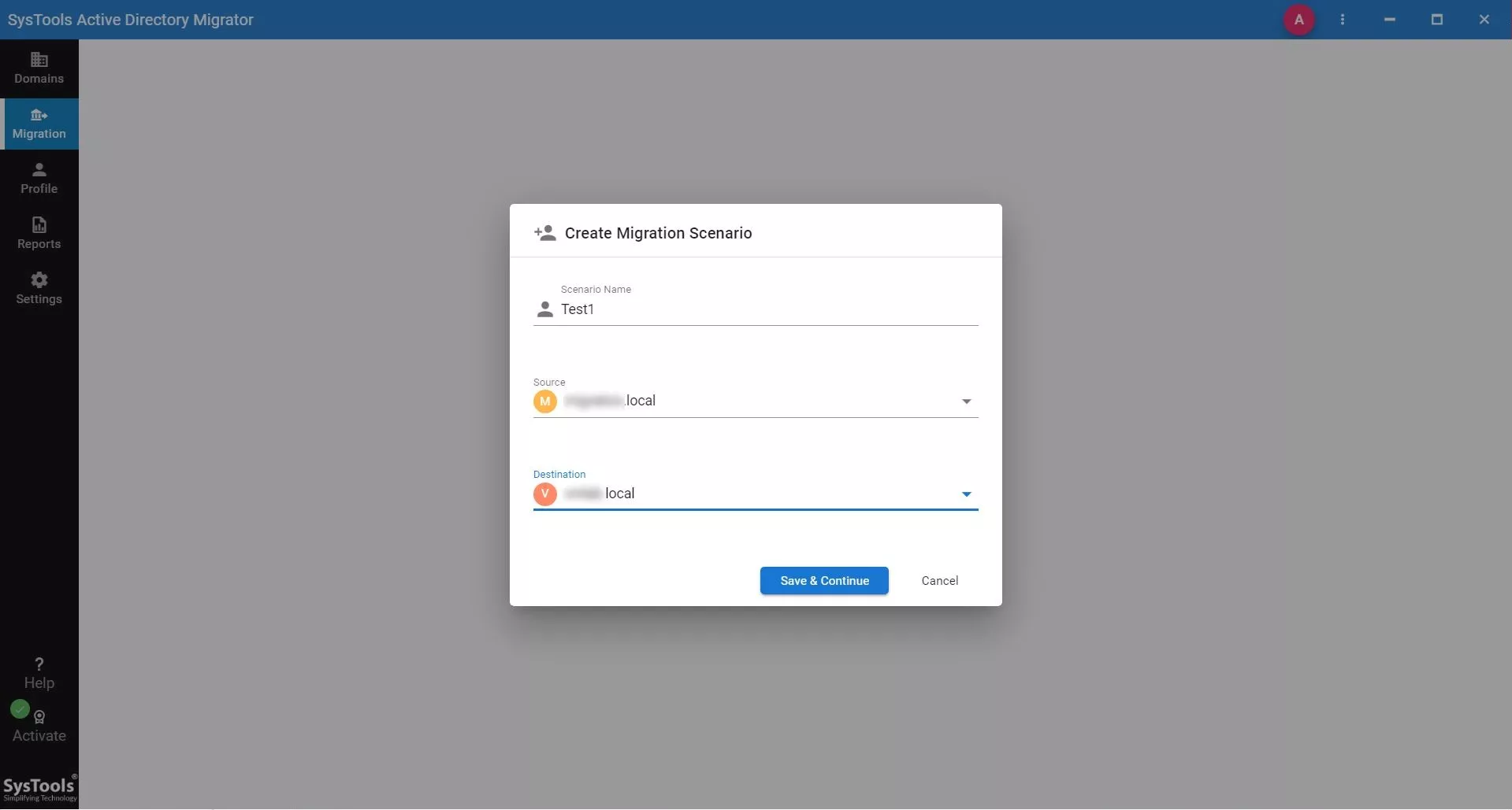 select source and destination domain