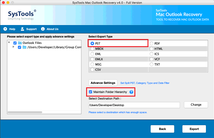 Select PST as the export file format