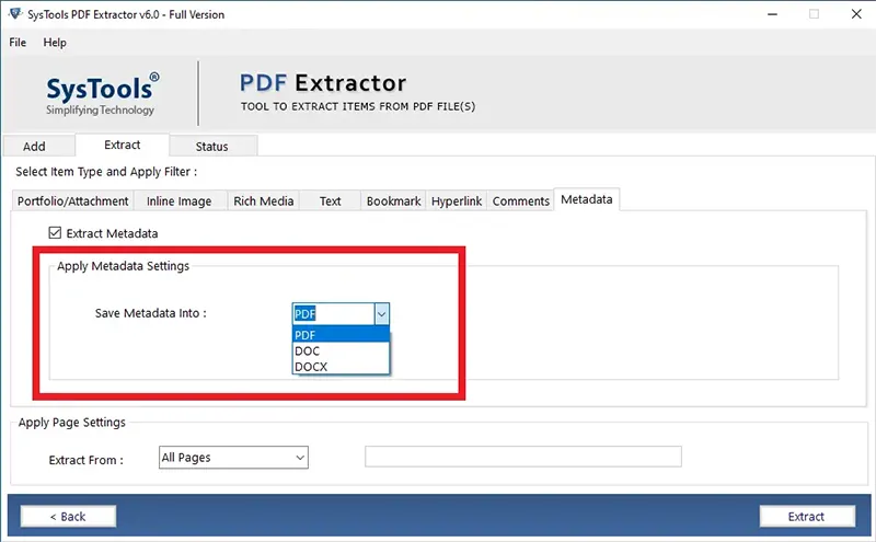 choose file format to save PDF metadata