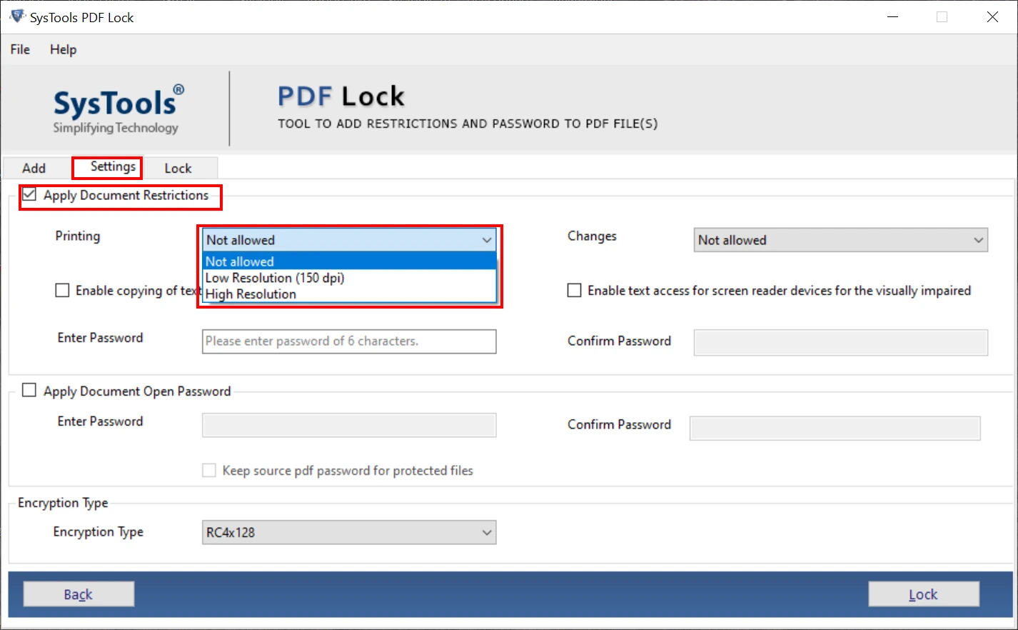 Change settings to Protect pdf from printing