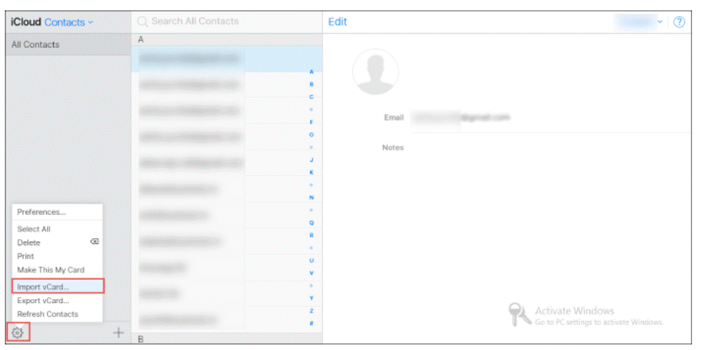 choose vcard import