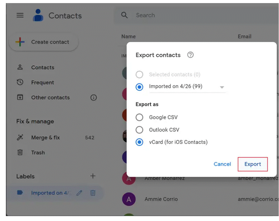 select export as vCard