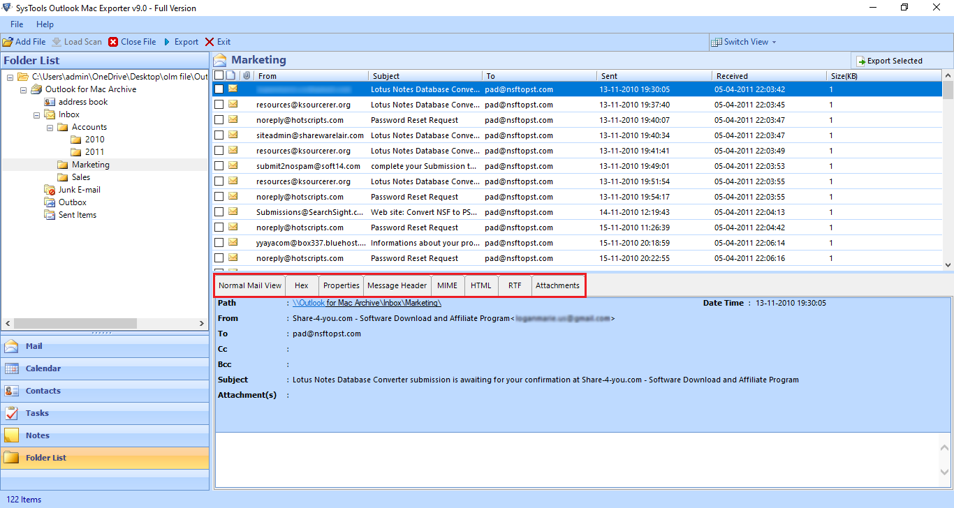 Preview OLM file emails
